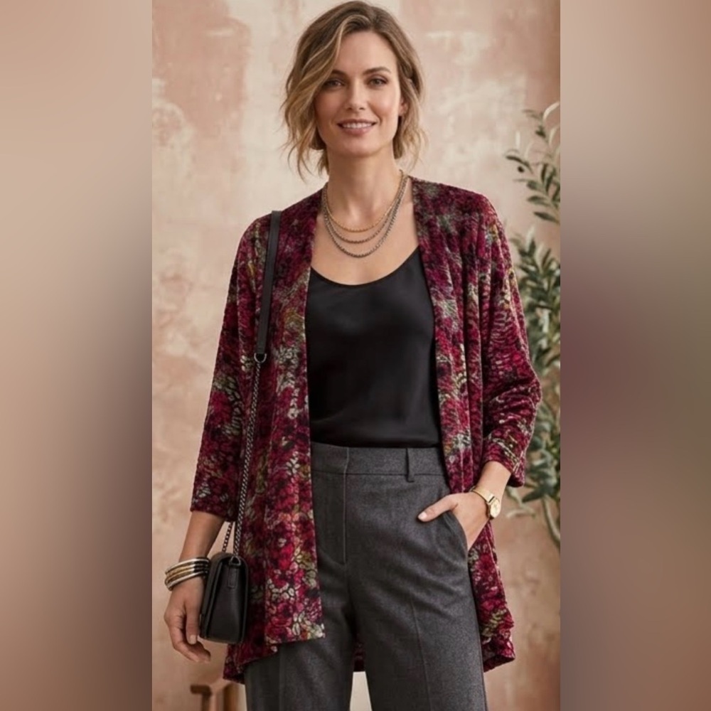 Kimono Size Medium  Red Gray Velvet Flocked Travel Elements  SKU 1